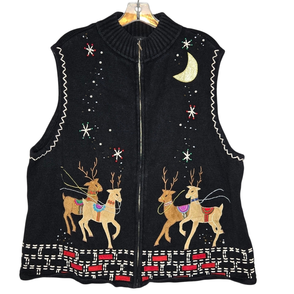 Studio Joy Sweater Vest Womens 3X Black Reindeer Holiday Christmas Ugly Zip Knit